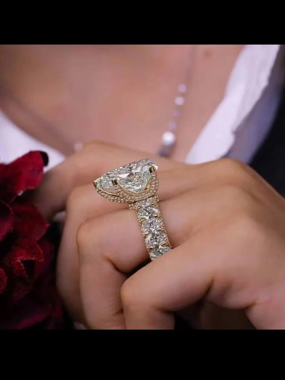18K Gold Plated Pear Cut Cubic Zirconia Engagement Cocktail Ring